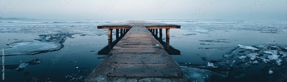 Fototapeta premium A serene wooden pier extends over icy waters, surrounded by a calm, foggy landscape, creating a tranquil and reflective atmosphere.