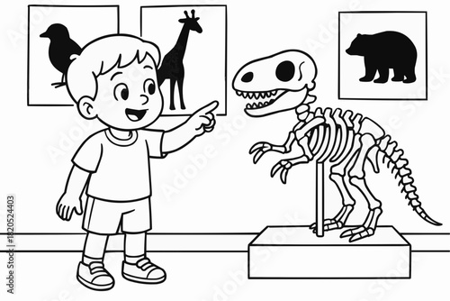 Children's coloring book - Young boy pointing at dinosaur skeleton in museum exhibit  