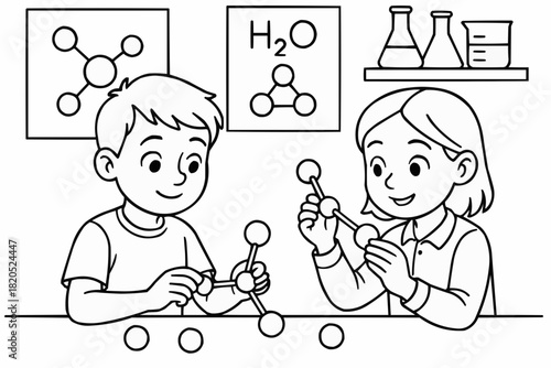 Children's coloring book - Young children studying chemistry and building molecular models in lab  