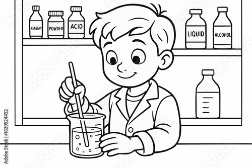 Children's coloring book - Young boy conducting science experiment in lab with beaker  