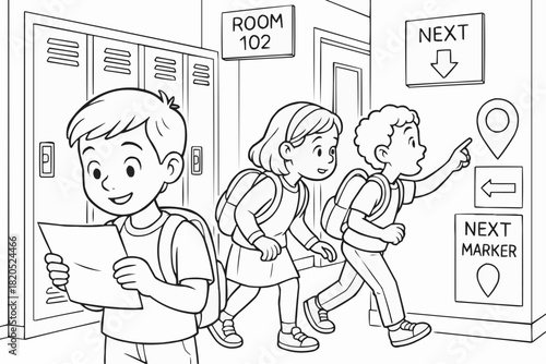Children's coloring book - A group of children goes on a quest at school