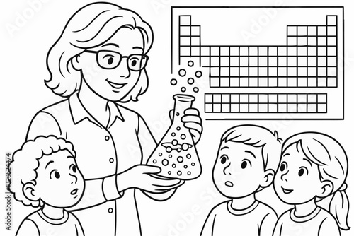 Children's coloring book - Teacher demonstrating science experiment to children in classroom  