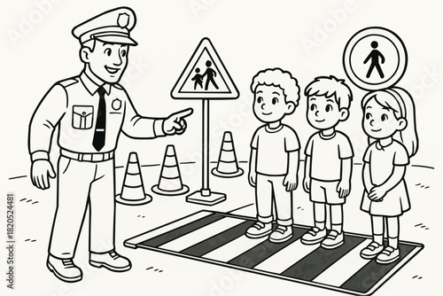 Children's coloring book - Police officer teaching children about traffic safety at crosswalk  