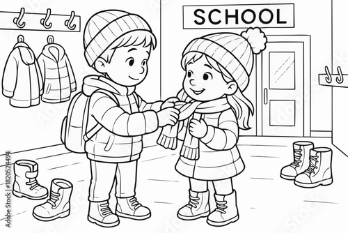 Children's coloring book - Young children helping each other put on scarves at school entrance  