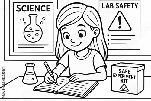 Children's coloring book - A girl writes down the results of experiments in a notebook during a science lesson 