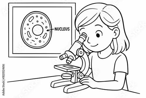 Children's coloring book - Young girl studying with microscope and image of cell nucleus  