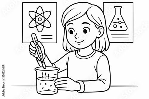 Children's coloring book - A girl measures the temperature of a liquid in the classroom