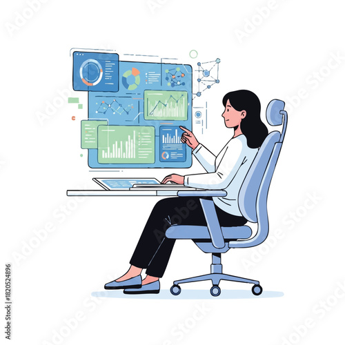 A businesswoman sits at a desk interacting with digital graphs and charts on a futuristic interface with a modern aesthetic.
