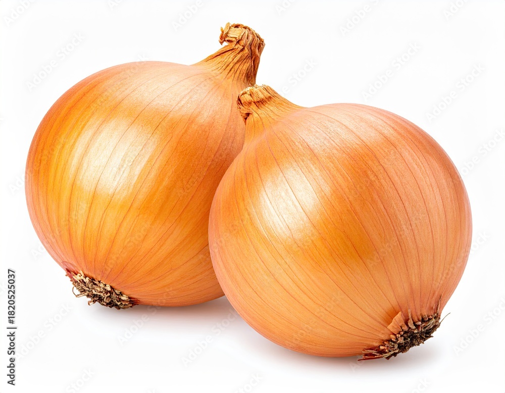 Fototapeta premium Two golden onions with dry skin, against a white backdrop