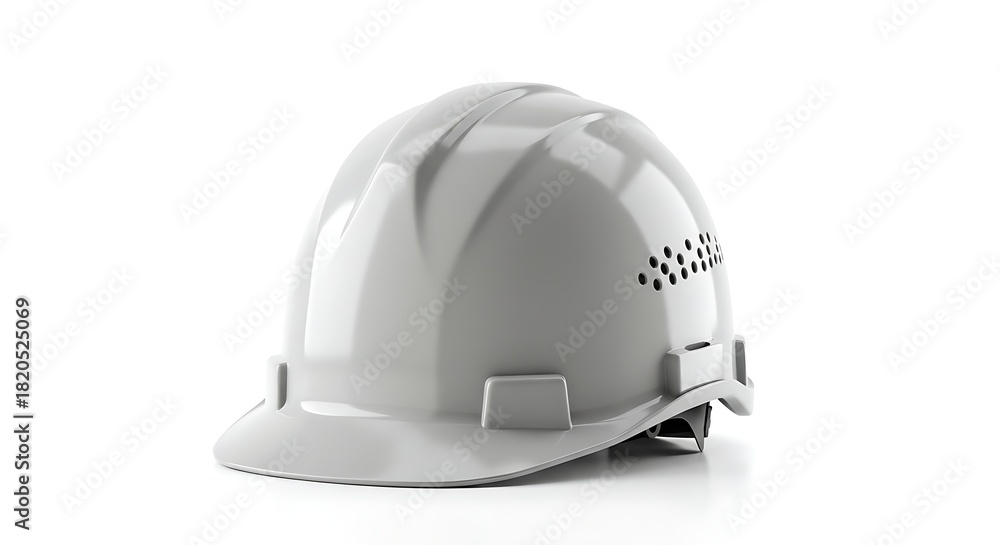 Fototapeta premium Glossy white safety helmet, isolated on a clean white background, angled view