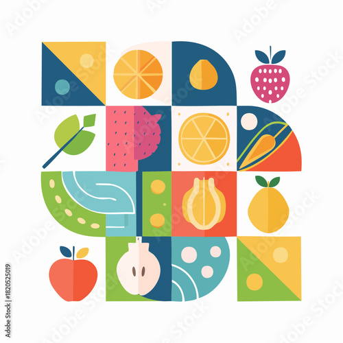 Organic food geometric mosaic background. Natural fruit vegetable pattern simple swiss bauhaus style. Vector illustration