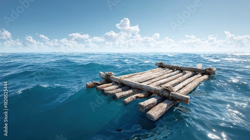 Wallpaper Mural A wooden raft floats on calm ocean waters under a clear blue sky, surrounded by gentle waves and fluffy clouds. Torontodigital.ca