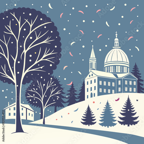 Charming winter scene with a domed building and snow falling