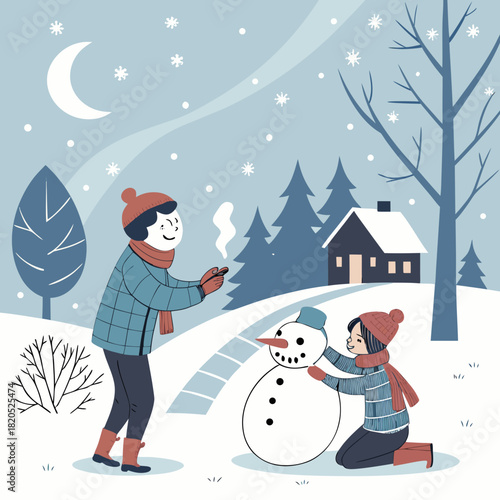 Children building a snowman in a snowy winter landscape with a crescent moon