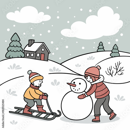 Children building a snowman on a snowy winter day with a sled and house