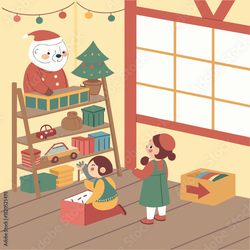 Children opening christmas presents with a polar bear santa claus