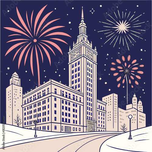 City skyline with fireworks and snow covered ground at night