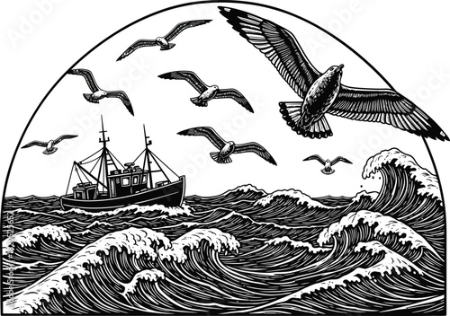 Fishing boat on stormy sea with seagulls black and white vector image eps silhouette