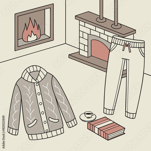 Cozy scene with fireplace sweater sweatpants book and coffee
