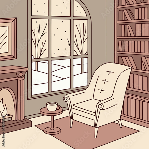 Cozy living room with fireplace and armchair overlooking a snowy winter scene