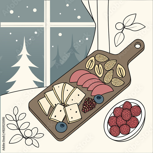 Cozy winter charcuterie board with snowing window view