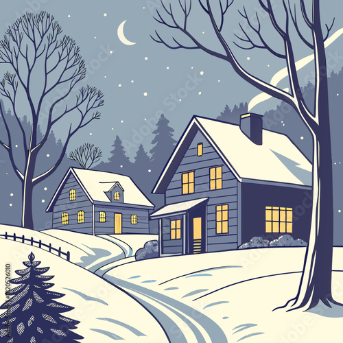 Cozy winter night scene with snow covered houses and crescent moon