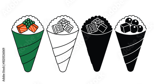 Illustration of four temaki sushi cones in color and black and white