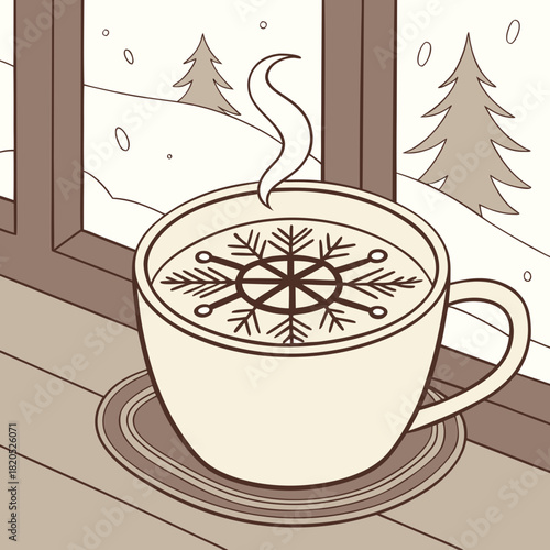 Cozy winter scene with hot drink and snowflake design