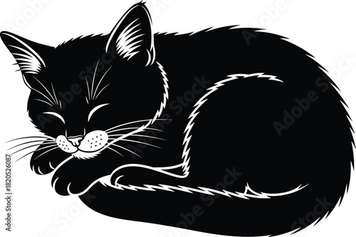 Sleeping black cat illustration vector image cute kitten curled up pet eps silhouette