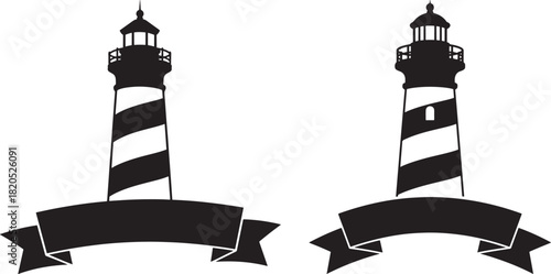 Two striped lighthouses with banners silhouette