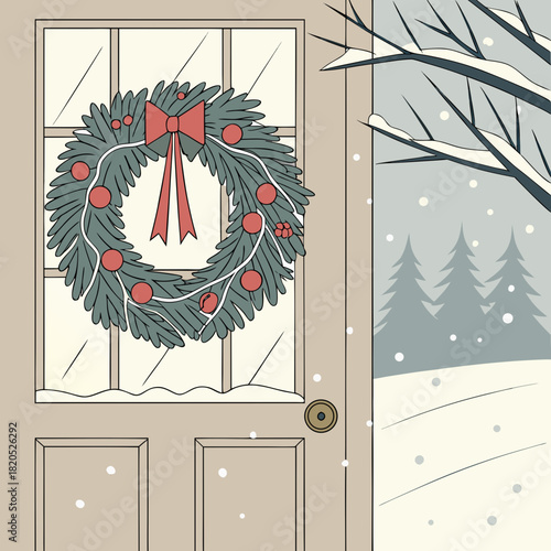Festive christmas wreath on a snowy doorway with pine trees