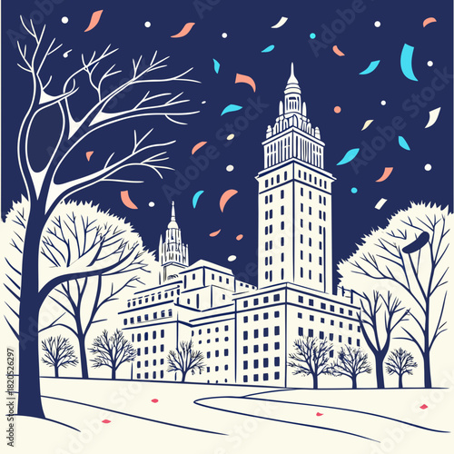 Festive cityscape with bare trees and falling confetti