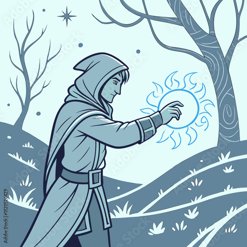 Mysterious hooded figure conjures a glowing sun symbol in a winter forest