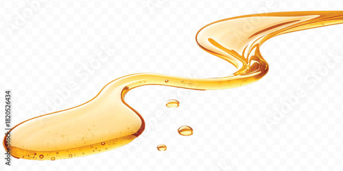 abstract smooth liquid cooking, engine, olive oil and honey splashing with droplets in curve style isolated on white background