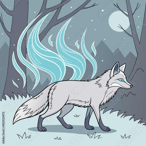 Mystical arctic fox with blue fire in a winter forest at night