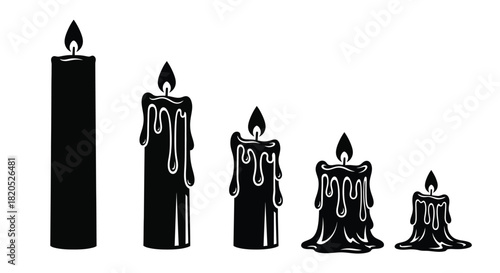 Black and white illustration of five candles burning at different stages