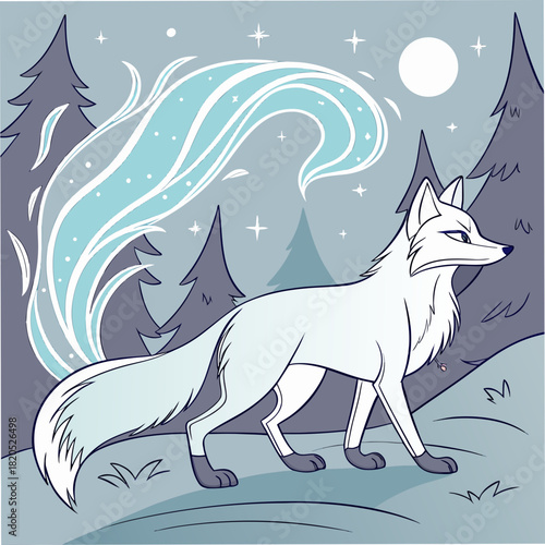 Mystical white fox with glowing tail in a starry winter forest