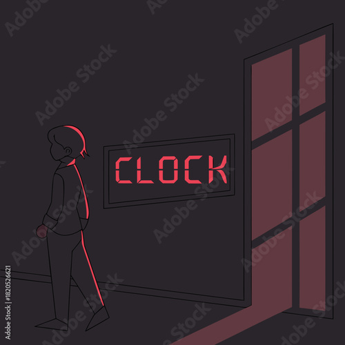 Person walks towards a glowing red digital clock and a window