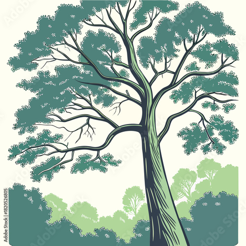 Stylized illustration of a tall tree with lush green foliage