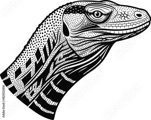 Detailed black and white iguana head illustration reptile drawing art eps silhouette