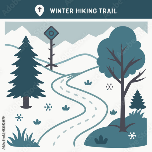 Stylized winter hiking trail with snow and mountains
