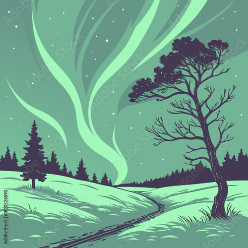 Stylized winter landscape with aurora borealis and silhouetted trees