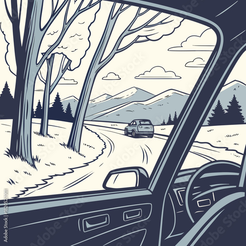 View from car window of a scenic winter road trip through snowy mountains