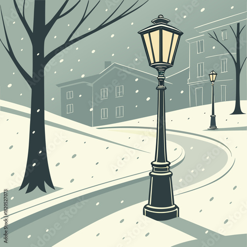 Vintage street lamp illuminates a snowy winter village scene