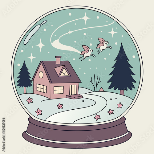 Whimsical snow globe scene with flying creatures and cozy house