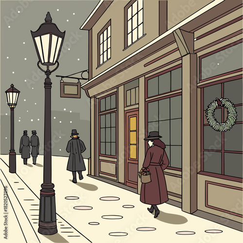 Vintage winter street scene with people walking past a shop decorated for christmas