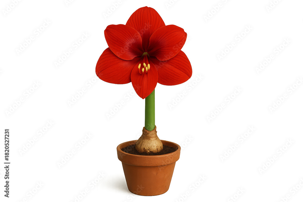 Naklejka premium A single vibrant red amaryllis flower blooming from a bulb in a simple terracotta pot with a green stem and yellow stamen, showing botanical beauty and natural growth