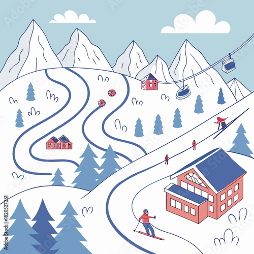 Winter ski resort scene with mountains skiers and cable cars