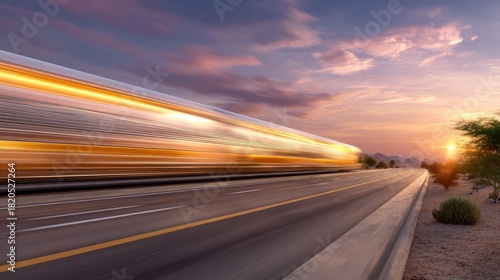 Fast Moving Train at Sunset with Lush Landscape and Dramatic Sky in Motion Blur