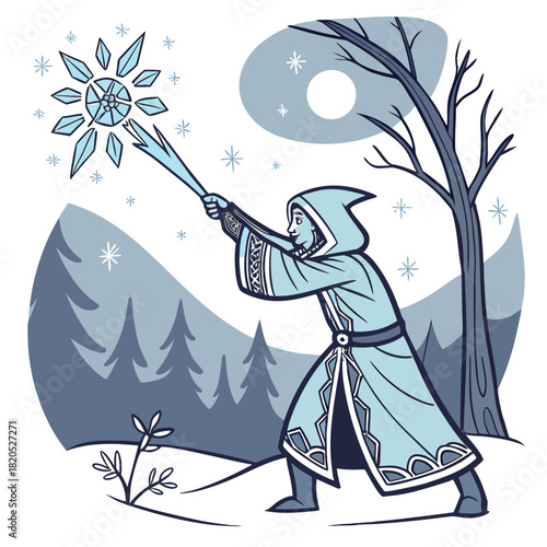 Wizard conjures a giant snowflake in a winter wonderland